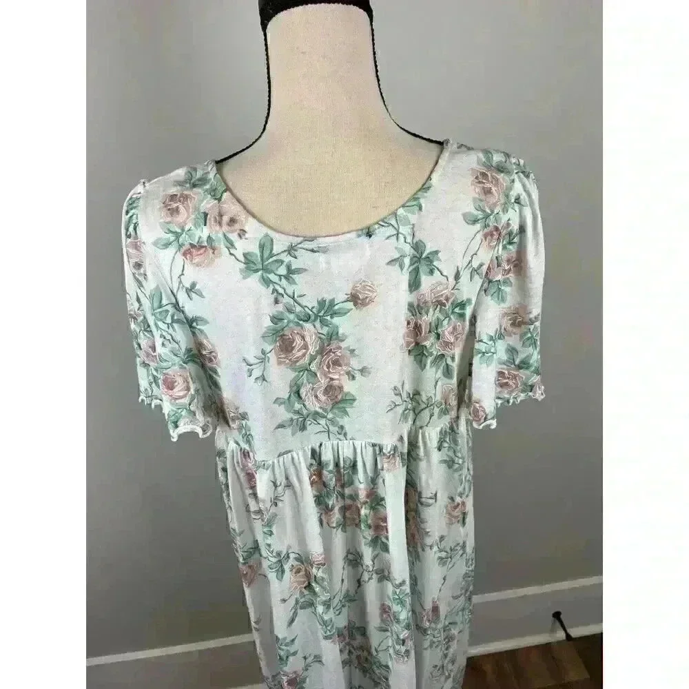 Vtg Barbizon Long Nightgown Short Sleeve Floral Ruffle Lace Cotton Blend M